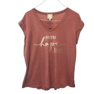Trueself Graphic Tee Women XL Rust Red Faith Hope Love Cuffed Sleeve Casual Vtg